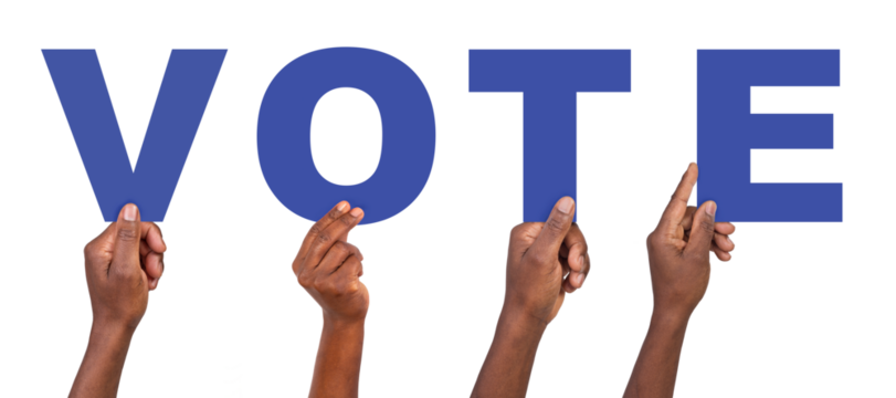 Hands holding letters that form the word vote, isolated on white or transparent background