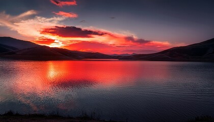Sunset At Hubenov Reservoir Beautiful Red Reflexions In Surface
