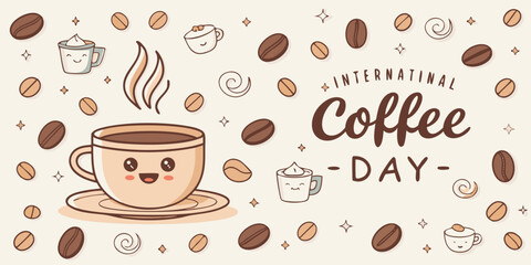 Obraz premium Cute international coffee day illustration with smiling coffee cup and beans on a beige background