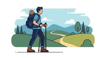 Man hiking in nature with backpack and trekking poles.