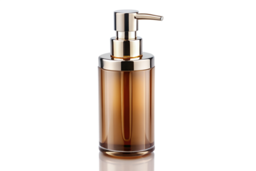 Elegant brown and gold liquid soap dispenser isolated on transparent background, showcasing its sleek design and luxurious appeal for hand hygiene