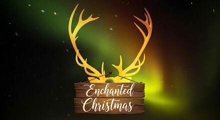 Enchanted christmas background with deer antlers and wooden sign in a magical aurora borealis scenery with snow falling in the night