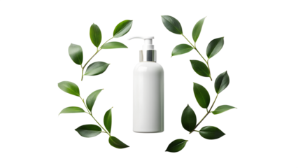 Minimalist white bottle with pump surrounded by fresh green leaves isolated on transparent background perfect for cosmetic, lotion, or shampoo product