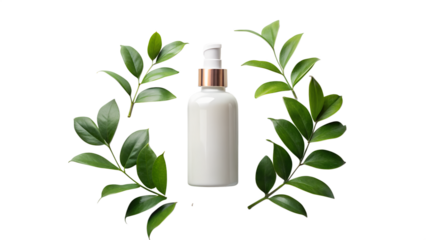 Elegant white cosmetic bottle with a gold pump surrounded by fresh green leaves isolated on transparent background, perfect for beauty and skincare product mockups