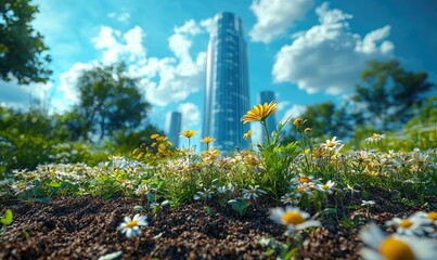 Urban park scene with flowers and skyscrapers
