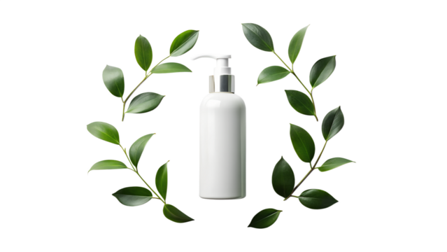 Minimalist white bottle with pump surrounded by fresh green leaves isolated on transparent background perfect for cosmetic, lotion, or shampoo product