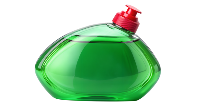 Green dish soap bottle with red cap, a household essential for cleaning and maintaining a sparkling kitchen isolated on transparent background