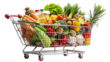 Shopping cart full of fresh vegetables and fruits isolated on transparent background, promoting healthy eating and a balanced diet with colorful produce