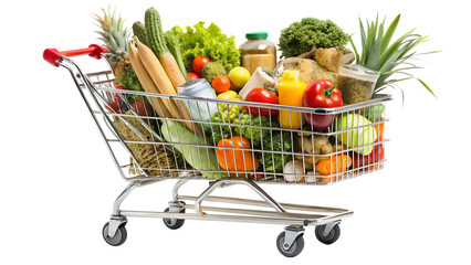 Shopping cart full of fresh vegetables and fruits isolated on transparent background healthy eating and lifestyle concept with pineapple and corn
