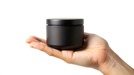 Hand holding black cosmetic jar isolated on transparent background, ideal for showcasing skincare, beauty, or personal care product packaging