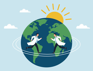 Global healthcare unity—doctors circling the world, symbolizing collaboration, urgency, and hope in medicine