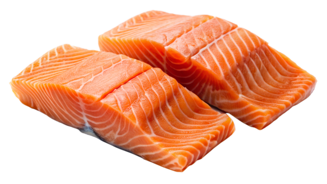 Two raw salmon fillets, isolated on transparent background, showing their vibrant orange color and rich marbling, ready to be cooked into a delicious meal