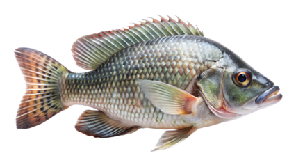 A single tilapia fish isolated on transparent background, showcasing its silvery scales, fins, and distinctive features in a clear and detailed view