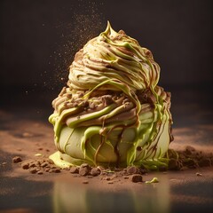 Obraz premium Delicious pistachio cream dessert drizzled with chocolate gourme