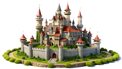 Majestic fairytale castle isolated on transparent background, a whimsical architectural marvel that evokes dreams of enchantment and royal adventures