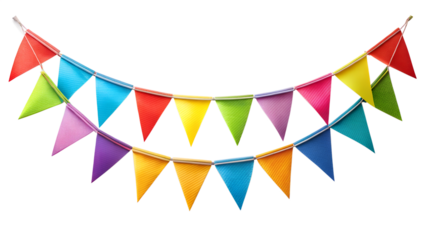 Festive bunting flags strung together, isolated on transparent background, perfect for adding a touch of color and celebration to any event