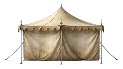 Vintage beige canvas tent isolated on transparent background, perfect for historical reenactments, outdoor events, and nomadic lifestyle representations