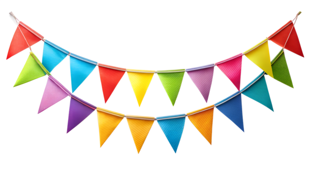 Festive bunting flags strung together, isolated on transparent background, perfect for adding a touch of color and celebration to any event