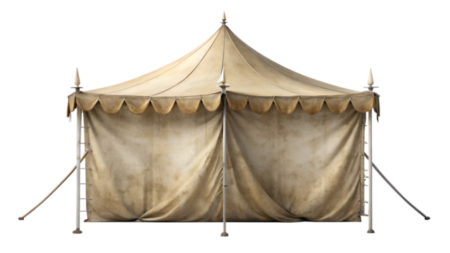 Vintage beige canvas tent isolated on transparent background, perfect for historical reenactments, outdoor events, and nomadic lifestyle representations