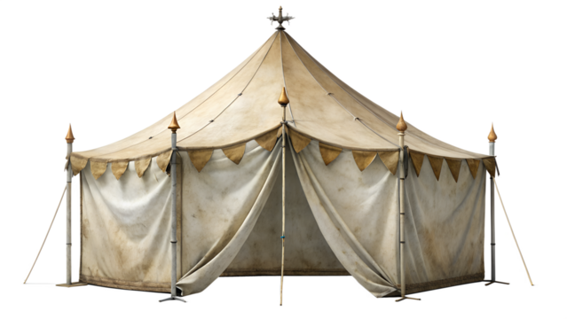 Antique offwhite canvas tent isolated on transparent background, ideal for historical settings, outdoor festivals, and representing nomadic cultures