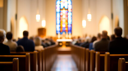 Congregation in a house of worship, gathered for service or event. Stained glass window and warm lighting contribute to the serene atmosphere.