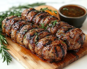 Grilled pork tenderloin on a wooden board, garnished with rosemary, and a dark dipping sauce