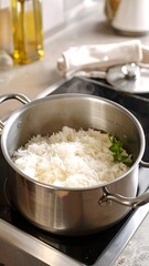 Cooking rice in a stainless steel pot