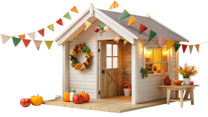 Adorable playhouse decorated for fall isolated on transparent background charming autumn scene with pumpkins, wreath, and festive bunting