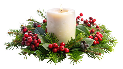 A festive christmas candle surrounded by evergreen boughs, red berries, and leaves isolated on transparent background, creating a warm and inviting holiday atmosphere