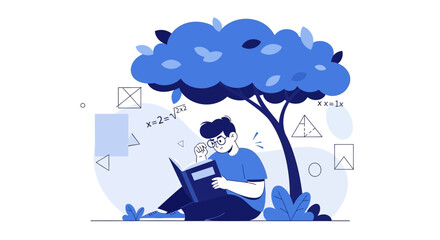 Obraz premium Student Studying Mathematics Outdoors Under Shade Of Tree Thinking Deeply To Solve Equations