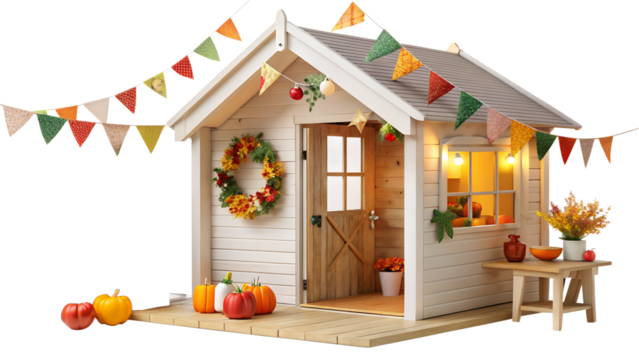 Adorable playhouse decorated for fall isolated on transparent background charming autumn scene with pumpkins, wreath, and festive bunting - Powered by Adobe