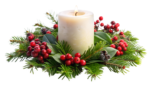 A festive christmas candle surrounded by evergreen boughs, red berries, and leaves isolated on transparent background, creating a warm and inviting holiday atmosphere