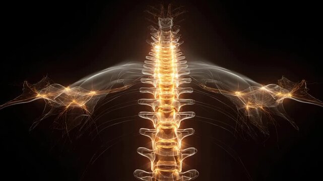 Exploring the intricate beauty of the human spine with glowing energy patterns in a dark background