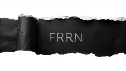 A ripped piece of black paper with the letters frrn isolated on transparent background, creating a mysterious and intriguing composition