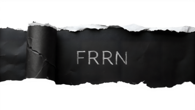 A ripped piece of black paper with the letters frrn isolated on transparent background, creating a mysterious and intriguing composition