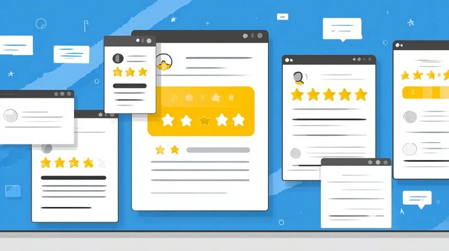 Multiple web browser windows displaying customer reviews and ratings.
