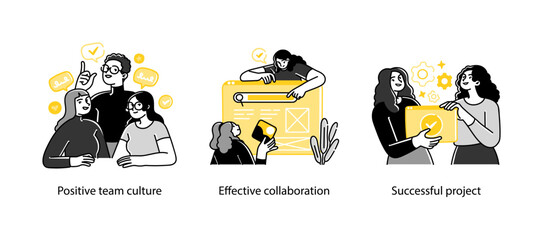 Three vector illustrations showing a positive team environment, efficient project collaboration, and successful project delivery in a business setting.