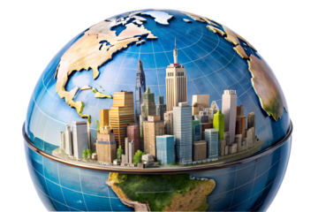 Globe with city on top isolated on transparent background representing urbanization, development, and the impact of human activity on the planet