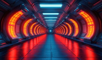Futuristic corridor with vibrant neon lighting.  A sleek, spacious tunnel