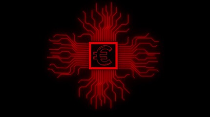 Red neon euro symbol glowing on abstract circuit board motherboard background digital technology concept - Powered by Adobe