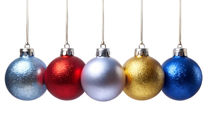 Five colorful christmas ornaments hanging in a row, isolated on transparent background, perfect for holiday decoration and festive celebration