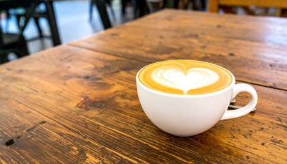Heart latte art in white cup on wooden table