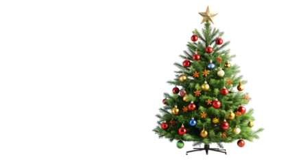Festive christmas tree adorned with colorful ornaments and a golden star, isolated on transparent background, creating a joyful holiday atmosphere