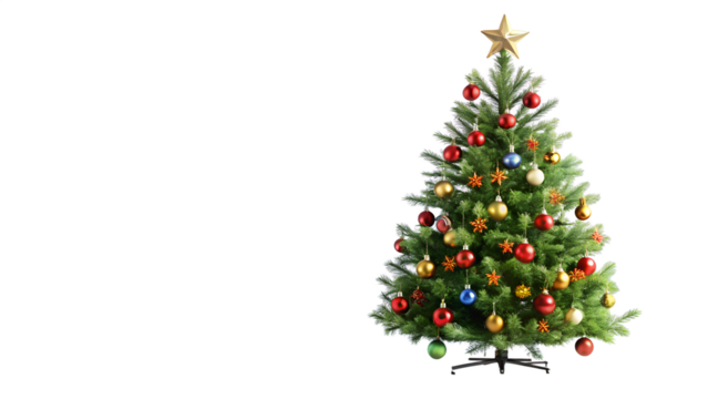 Festive christmas tree adorned with colorful ornaments and a golden star, isolated on transparent background, creating a joyful holiday atmosphere
