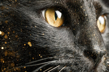 Detailed portrait of a black cat's face with striking amber eyes surrounded by floating golden particles creating a magical and mysterious atmosphere