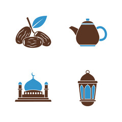 A collection of four Islamic cultural icons, including dates, a teapot, a mosque, and a lantern, presented in a simple, flat design.