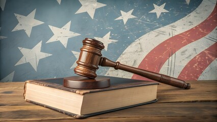 American justice concept with wooden gavel resting on law book against a patriotic US flag backdrop for legal and political themes