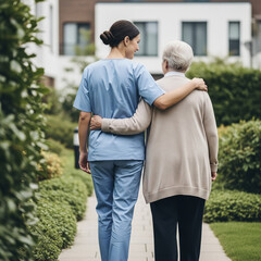 Fototapeta premium Caregiver supporting senior woman in garden, healthcare and companionship for medical services websites, caregiving promotions, retirement community marketing, wellness & family support ads, insurance