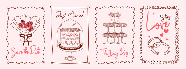 Chalk wedding poster design. Hand drawn vintage Italian style doodles with party elements for invitations, save the date cards, and festive greetings. Vector ink sketch illustrations in retro style.