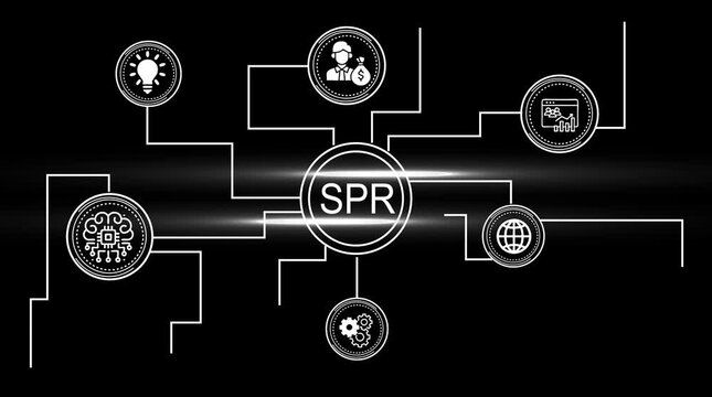 Business Strategy Network Concept Icons Connected to Central S P R Hub Idea Generation Finance Growth A I Global Connections and Operations Management